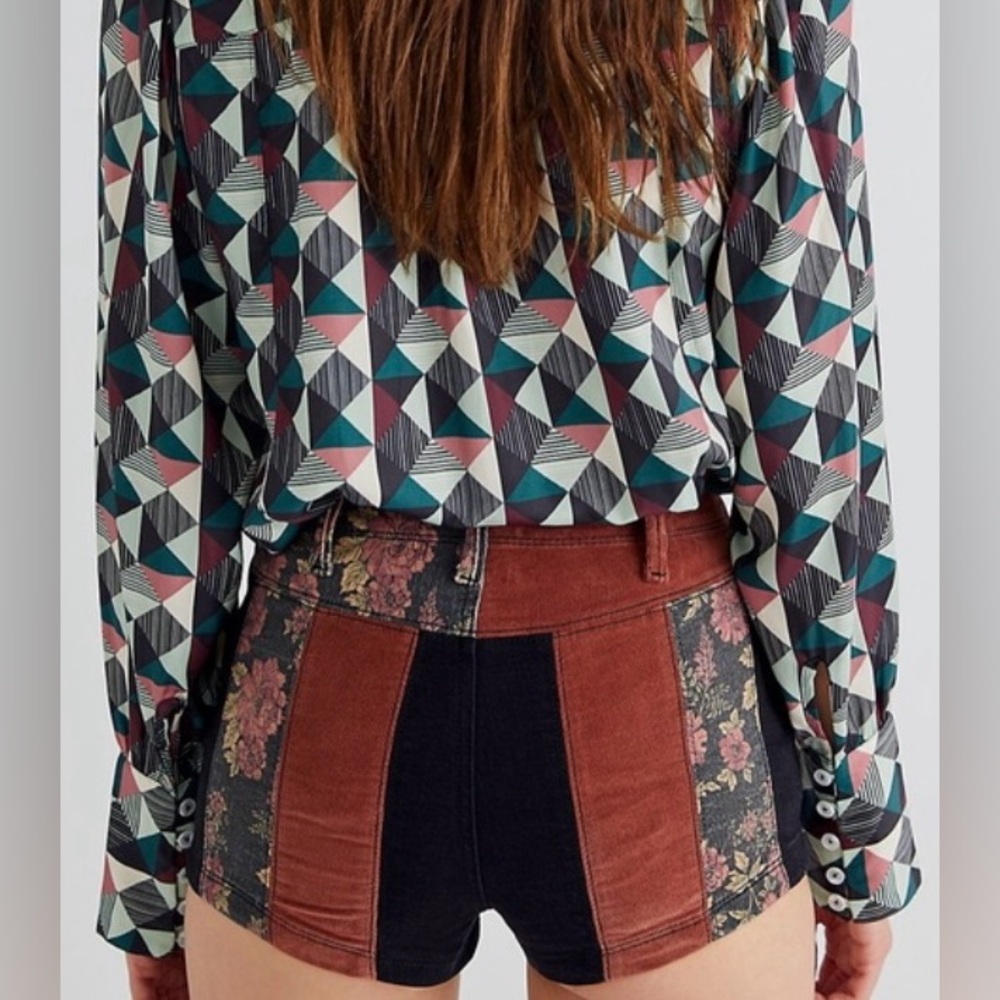Free People Patchwork High Rise Corduroy Black Denim Shorts - Picture 3 of 8